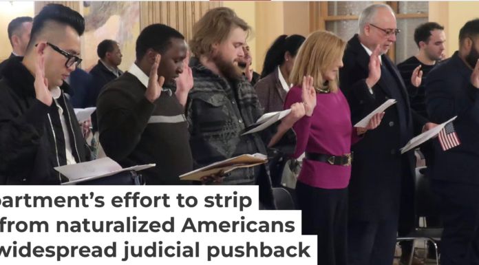 Dozens of immigrants from 18 nations take the oath to become U.S. citizens on Jan. 27, 2025, in Topeka, Kan. AP Photo/John Hanna